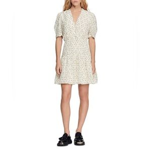 Sandro Bliss Floral Scalloped V neck Puff sleeve Dress